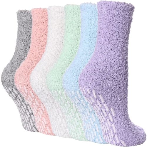 FNOVCO Non Slip Socks for Women Winter Warm Cozy Fuzzy Slipper Socks Soft Fluffy Hospital Socks with Grips - 6 Pairs Candy Color