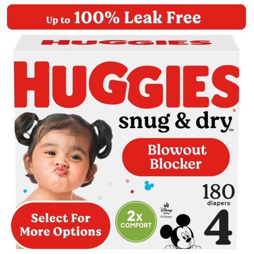 Huggies Snug & Dry Leakproof Baby Diapers, Size 4 (22-37 lbs), 180 Ct (Select for More)
