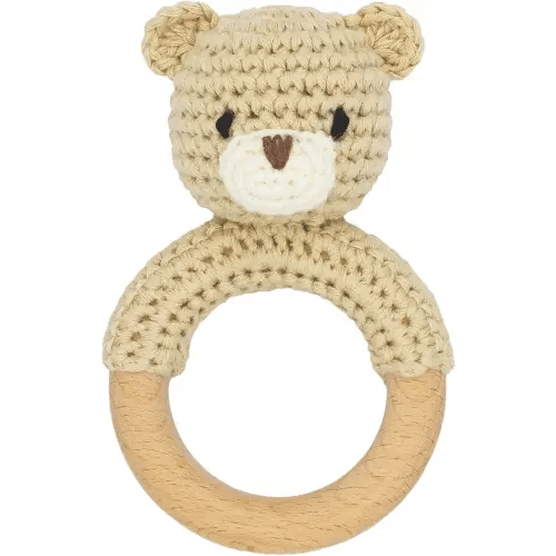 Safari Animals Wooden Baby Rattle Toys Stuffed Crochet Rattle with Teether Ring for Newborn, Beige Bear