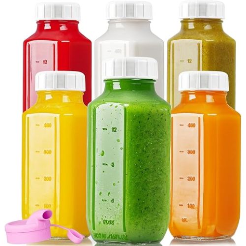 16 Oz Square Glass Milk Bottles with A Silicone Cover, 6 Pack Glass Bottles for Juicing with Airtight Lids, Glass Drinking Bottles with Lids and Scale Mark, Breast Milk Storage Jug Easy to Carry