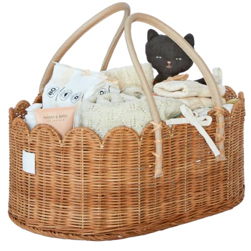 Baby Diaper Caddy Organizer - Artisan-Crafted Scalloped Rattan Basket - Luxurious Diaper Caddy Basket - Elegant Scalloped Basket (Mocca)