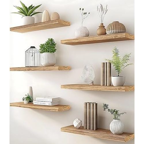 Wood Floating Shelves for Wall, Wooden Wall Shelves for Bedroom, Set of 6 Light Brown 17 Inch