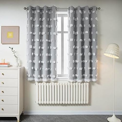 MYSKY HOME Grey Curtains for Bedroom 63 Inch Long Curtains for Kids Room Double Layer Nursery Curtains White Pom Pom Sheer Dining Room Grommet Room Darkening Window Curtains 2 Panels Set, 52 x 63 in