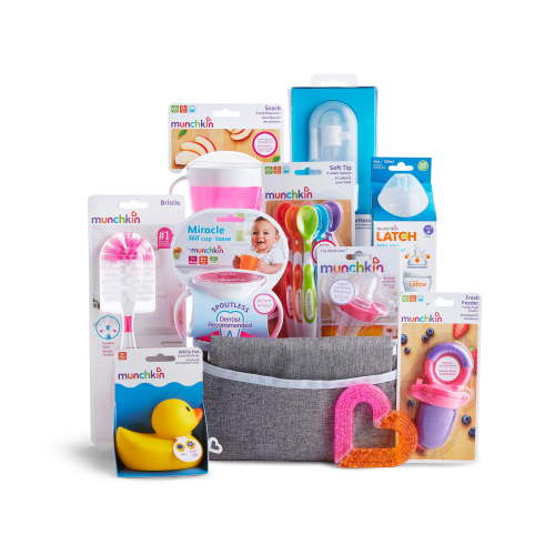 Munchkin® Hello Baby Gift Basket, Great for Baby Showers, Includes 12 Baby Products, Pink, Unisex
