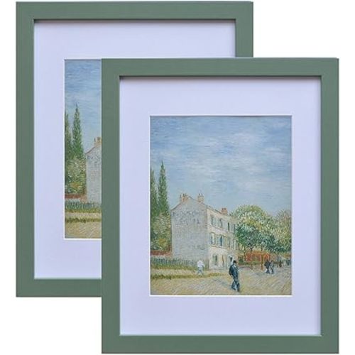 Muzilife 11x14 Wood Picture Frame with Real Glass Cover, Green Photo Frame Display Pictures 8x10 with Mat or 11x14 Without Mat, Vertical & Horizontal on Wall, 2pcs