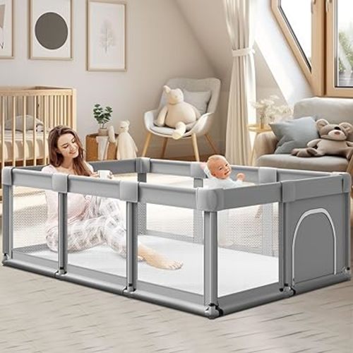 Baby Playpen with Gate, 74''x50'' Large Playpen for Babies and Toddlers, Indoor Active Center, Baby Playard Play Pen Fence with Soft Breathable Mesh Grey, 74×50 in