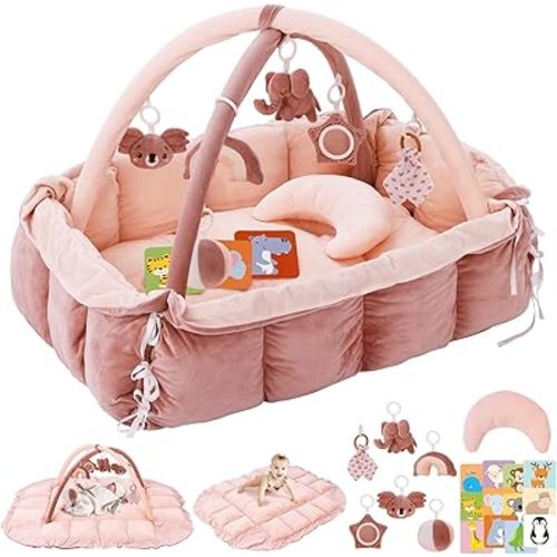 5-in-1 Plush Baby Play Gym, Baby Play Mats, Convertible Baby Gym with Pillow, Tummy time mat, Baby&Ped Bed, 6 Sensory Toys, Baby Activity Center from Newborn to Toddler, Cat&Dog Bed, Ball Pit, Pink