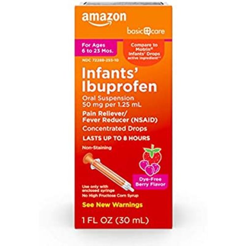 Amazon Basic Care Infants’ Concentrated Drops, Ibuprofen Oral Suspension, 50 mg per 1.25 mL, Pain Reliever and Fever Reducer, Dye-Free, 1 Fluid Ounce