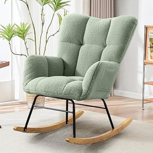 Rocking Chair Nursery, Teddy Upholstered Glider Rocker with High Backrest, Reading Chair Modern Rocking Accent Chairs Glider Recliner for Living Room, Nursery, Bedroom (Light Geen)
