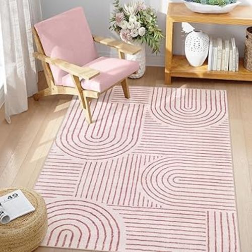 Lahome Abstract Washable Rugs, 4x6 Pink Rug for Bedroom Nursery Soft Non Slip Modern Living Room Rug, Ultra-Thin Non-Shedding Throw Carpet for Entryway Kitchen Office(4'x6',Pink)