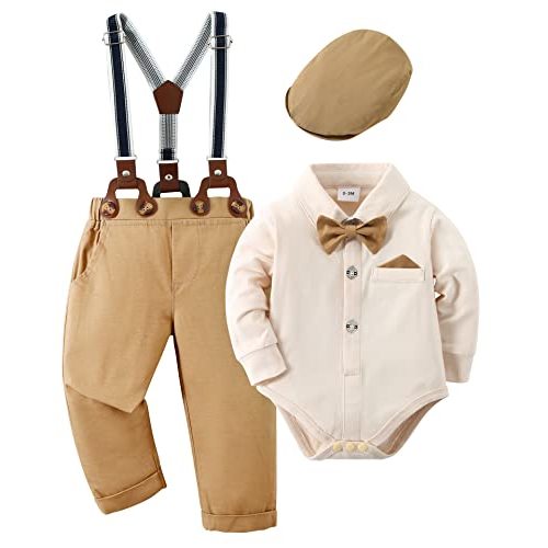 nilikastta Baby Boy Wedding Outfits Infant Baby Boy Clothes Suit Dress Shirts/Suspender Pants/Bowtie/Beret Hat 0-18M