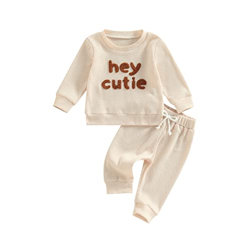 Newborn Girl Boy Gender Neutral Baby Clothes Fall Winter Waffle Outfit Set Letter Sweatshirt Tops + Pants
