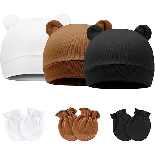 Newborn Baby Hat and Mittens Set Bear Ears Toddler Infant Beanie Caps Newborn Hospital Hat for Baby Boy Girl 0-3 Months