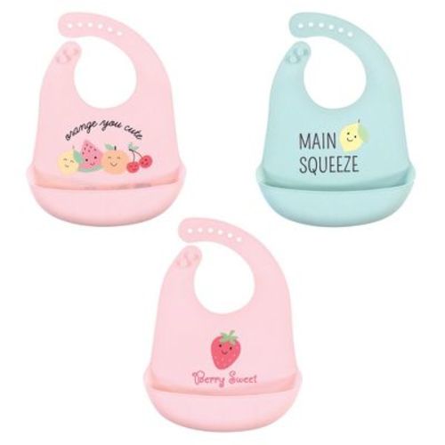 Hudson Baby Infant Girl Silicone Bibs 3pk, Cute Fruit, One Size