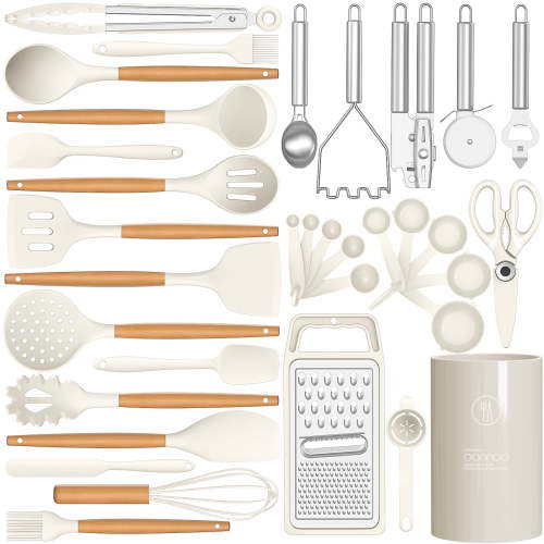 35 Silicone Cooking Utensils Set - 446°F Heat Resistant Silicone Kitchen Utensils for Cooking Sets, BPA FREE Kitchen Utensil Spatula Set for Non-Stick Cookware, Kitchen Gadgets (Cream White)