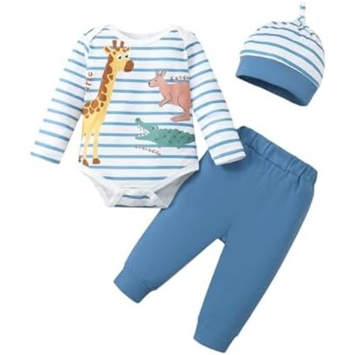 SUNNY PIGGY Baby Boy Clothes Newborn Infant Boy Outfits Romper Hat Pants 3Pcs Clothing Set for 0 3 6 9 12 18 Month Boys