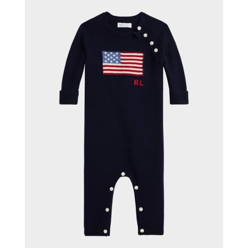 Boy's American Flag Cashmere Romper, Size Newborn-12M
