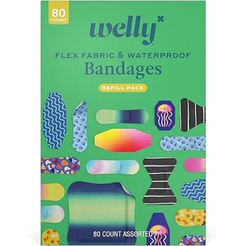 Welly Bandage Family Pack | Adhesive Flexible Fabric & Waterproof Bandages | Assorted Shapes and Patterns for Minor Cuts, Scrapes, and Wounds - 80 Count