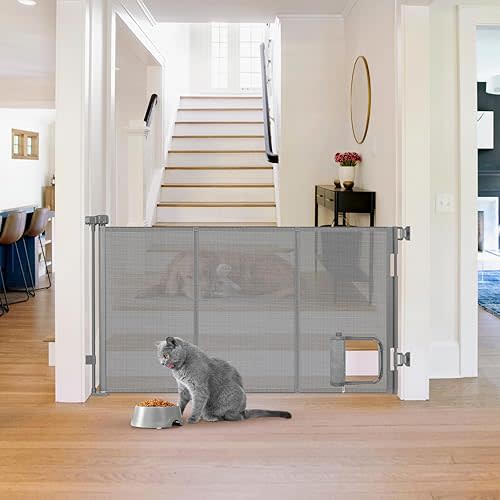 Reinforced 60” Retractable Baby Gate with Cat Door Gates for Pets Retractable Pet Gate Indoor Dog Gate with Cat Door Mesh Baby Gate Retractable Gate Outdoor Retractable Baby Gates for Doorways, Gray