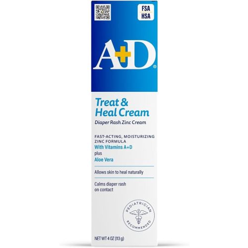 A+D Zinc Oxide Diaper Rash Treatment Cream, Dimethicone 1%, Zinc Oxide 10%, Easy Spreading Baby Rash Cream, 4 Ounce Tube (Packaging May Vary)