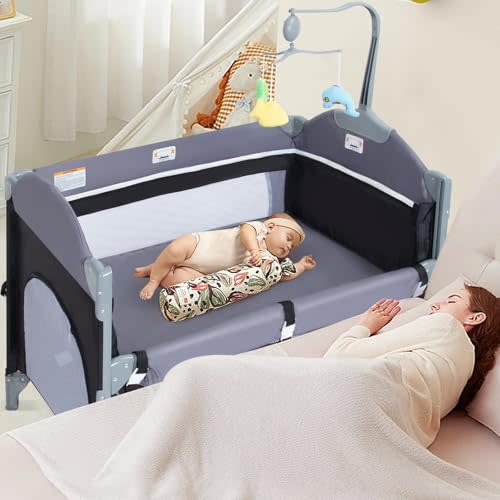 5-in-1 Baby Bassinet Bedside Crib, Pack and Play Long Next to Parents Bed Crib with Toys & Music Box, Mattress, Foldable Playard, Playpen Travel Bed Nursery Center for Girl Boy Infant Newborn