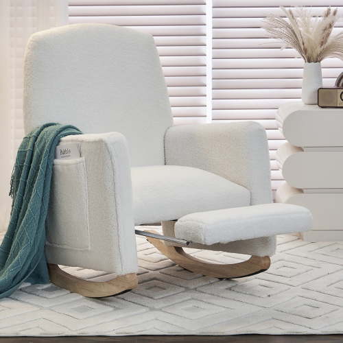 Rocking Chair Nursery Glider Chair with Adjustable FootRest, Nursery Rocking Chairs with Wood Legs Side Pocket, Teddy High Back Nursing Chair, for Living Room, Bedroom, Cozy Reading, Ivory
