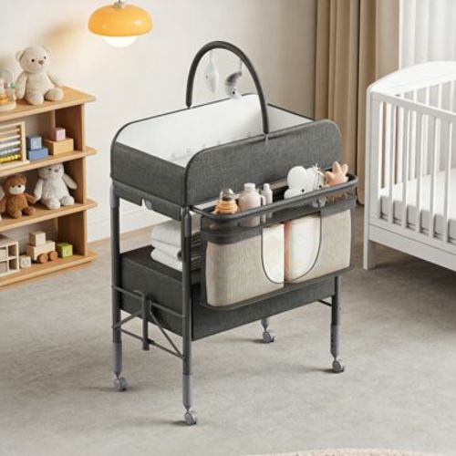 COZONY Adjustable Height Baby Changing Table with Wheels, Collapsible Diaper Station, 2 Drawers & Storage, Waterproof Top for Newborns, Gray