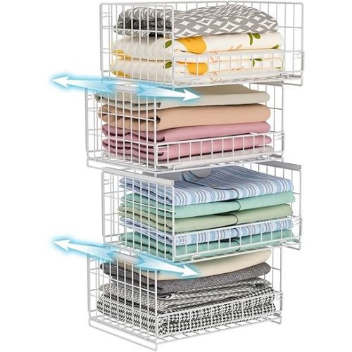 4-Tier Sliding Closet Organizers and Storage Shelves, Stackable Closet Shelf Organizer Basket Bins, Drawer Shelf Storage Container for Wardrobe Cupboard Kitchen Bathroom Office, White