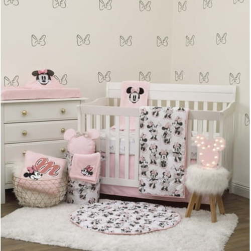 Disney Minnie Mouse 6 Piece Nursery Crib Bedding Set, Comforter, Two 100% Cotton Fitted Crib Sheets, Dust Ruffle, Baby Blanket, Changing Pad Cover, Pink, Grey & White