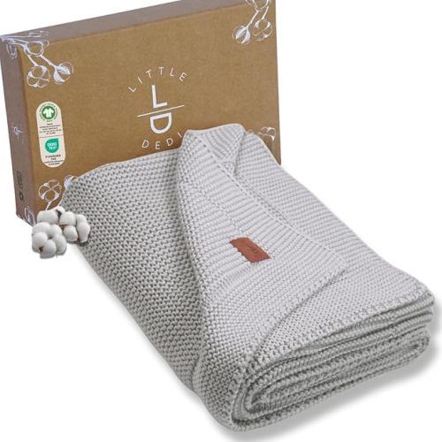 100% Organic Cotton Baby Knitted Blanket with Gift Box - Soft Toddler, Crib, Stroller Blanket - Neutral Swaddle and Receiving Blanket for Newborns, 30"x40", Harbor Mist
