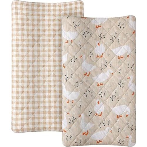 Frienda 2 Pack Goose Changing Pad Covers Waterproof Muslin Changing Pad Covers 32 x 16 Inch Quilted Cotton Fitted Diaper Sheet Breathable Extra Thick Sheets