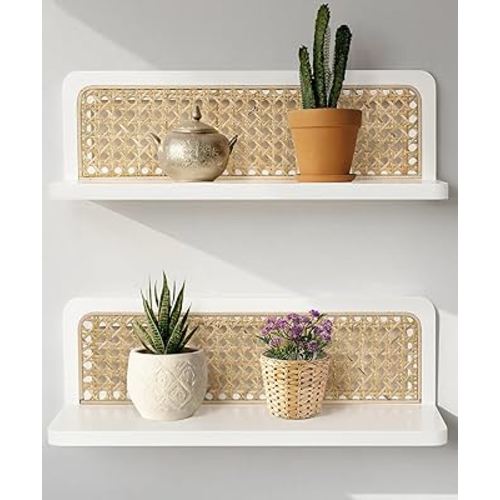 Rattan Wall Shelf 16inch Set of 2, Handmade Floating Shelves Boho Wall Decor, Rustic Wood Wall Mounted Storage Shelves for Living Room Nursery Bedroom