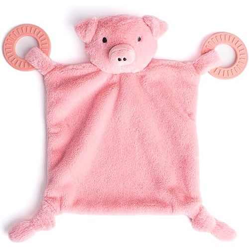 Bella Tunno Teether Buddy – Soft, Plush Baby Lovey with Textured Baby Teether Toy and Gentle Rattling Head, Comforts and Brings Teething Relief, Colorful Animal-Themed Baby Teething Toys (Pig)