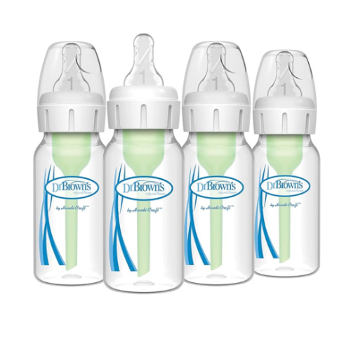 Dr. Brown's Natural Flow Anti-Colic Options+ Narrow Baby Bottle, 4 oz/120 mL, with Level 1 Slow Flow Nipple, 0m+, 4 Bottles