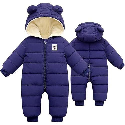 BYFRI Baby Boys Girls Snowsuit Newborn Cozy Winter Coat Infant Bear Hooded Jumpsuit Toddler Snow Outfit for 0-24 Months