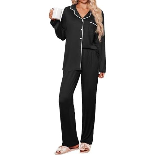 Ekouaer Womens Pajama Sets 2 Piece Long Sleeve Sleepwear Soft Button Down Pjs Lounge Set S-XXL