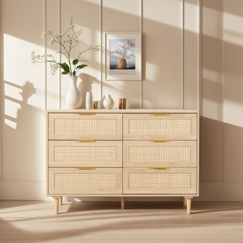 LAZZO 6 Drawer Dresser Rattan Wood Dresser Chest of Drawers Large Storage Cabinet