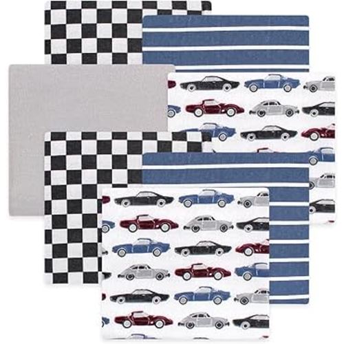 Little Treasure Hudson Baby Cotton Poly Flannel Receiving Blankets Multipack, Blue Vintage Cars, 30x30 inches
