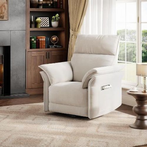 Power Recliner Chair with USB, Chenille Swivel Rocker Glider, Double-Layer Armrests, High Back, 350lb Capacity, for Living Room & Nursery, Beige