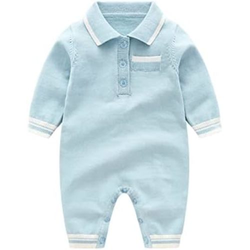Newborn Baby Boy Knit Polo Romper Jumpsuit Solid Button Long Sleeve Collared Bodysuit Fall Winter Outfit