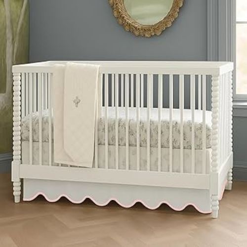 White 100% Cotton Sateen Crib skirt 28""X52""+14"" Drop scalloped Embroidery with split corners ; 4-sided skirt fits around The entire crib Pink Scalloped