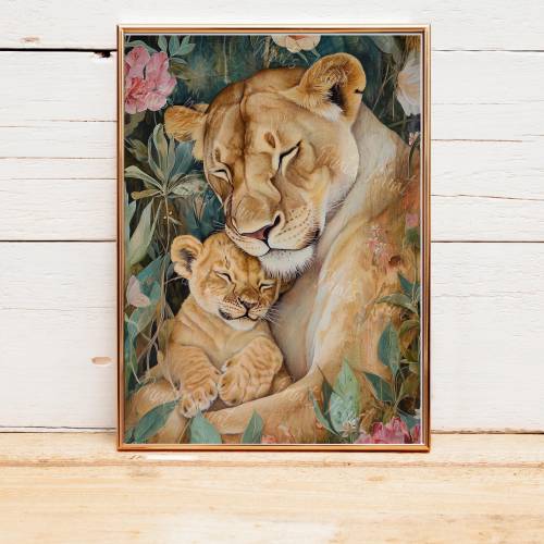Lioness and Lion Cub, Animal Wall Art Print, Nursery Room Decor, Cheetah Art, Safari Animal, Gift for Her, Eclectic Decorations