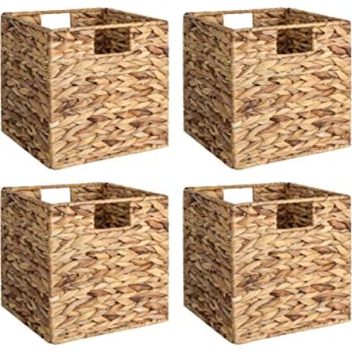 StorageWorks Wicker Storage Cubes with Liners, Water Hyacinth Storage Baskets for Shelving, Handwoven Square Baskets with Built-in Handles, Medium, 4 Pack Natural