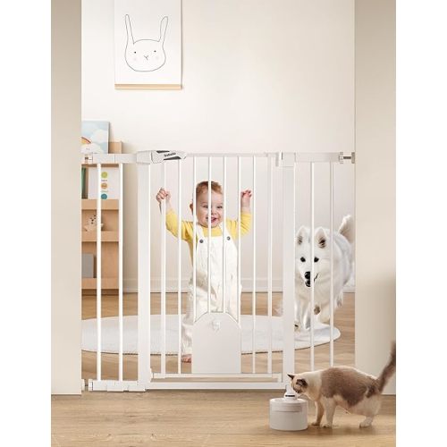 Babelio 36" Tall Auto Close Baby Gate with Small Cat Door, 29-43" Metal Cat Gate for Doorway, Stairs, House. Easy Walk Thru Dog Gate with pet Door, Includes 4 Wall Cups and 3 Extension Pieces, White