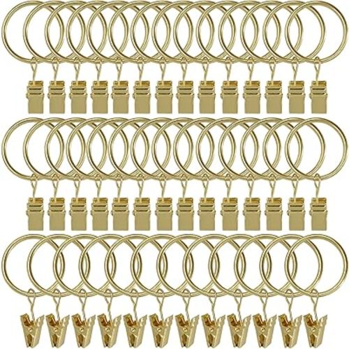 40 Pack Curtain Rings with Clips, Curtain Clip Rings Hooks, Bow Hanger Clips for Hanging Drapery Drapes Bows, Ring 1.26 inch Interior Diameter, Fits up to 1" Rod, Gold