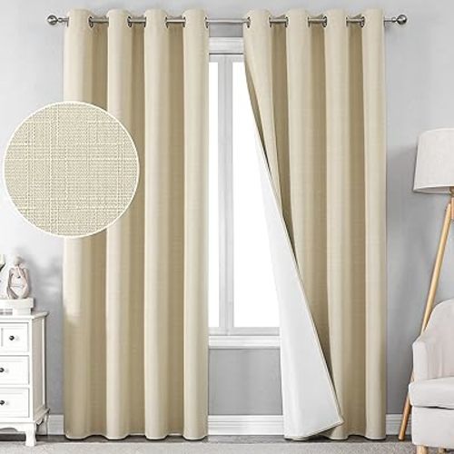 MISS SELECTEX Full Blackout Window Curtain Panel, Heat and Full Light Blocking Drape with Bronze Grommet White Room Darkening Curtain Liners for Bedroom/Living Room (52x95, Linen, 2 Panels)