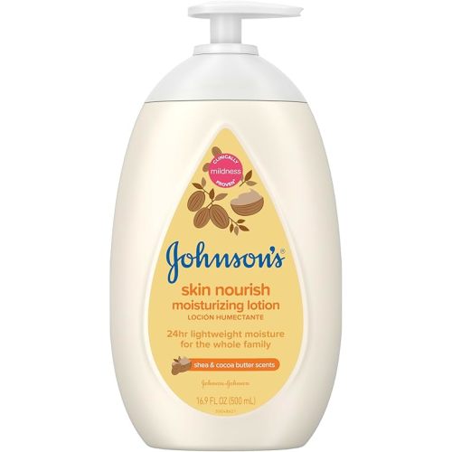 Johnson's Skin Nourish Moisturizing Baby Lotion for Dry Skin with Shea & Cocoa Butter Scents, Gentle & Lightweight Body Lotion for The Whole Family, Hypoallergenic, Dye-Free, 16.9 fl. oz