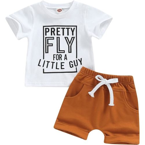 Infant Baby Boys Summer Clothes Sets Outfits Letter Print Short Sleeve T-Shirt and Stretch Casual Rolled Shorts Set - 0-6 Months - White