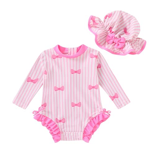 Infant Baby Swimsuit Girl Long Sleeve UPF 50+ Sun Protection One-Piece Rash Guard with Hat Zipper Bathing Suit