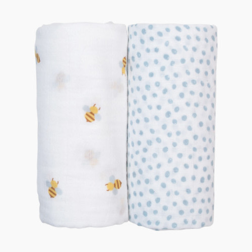 Lulujo Muslin Swaddles (2 Pack) - Bees/Blue Dots, 2